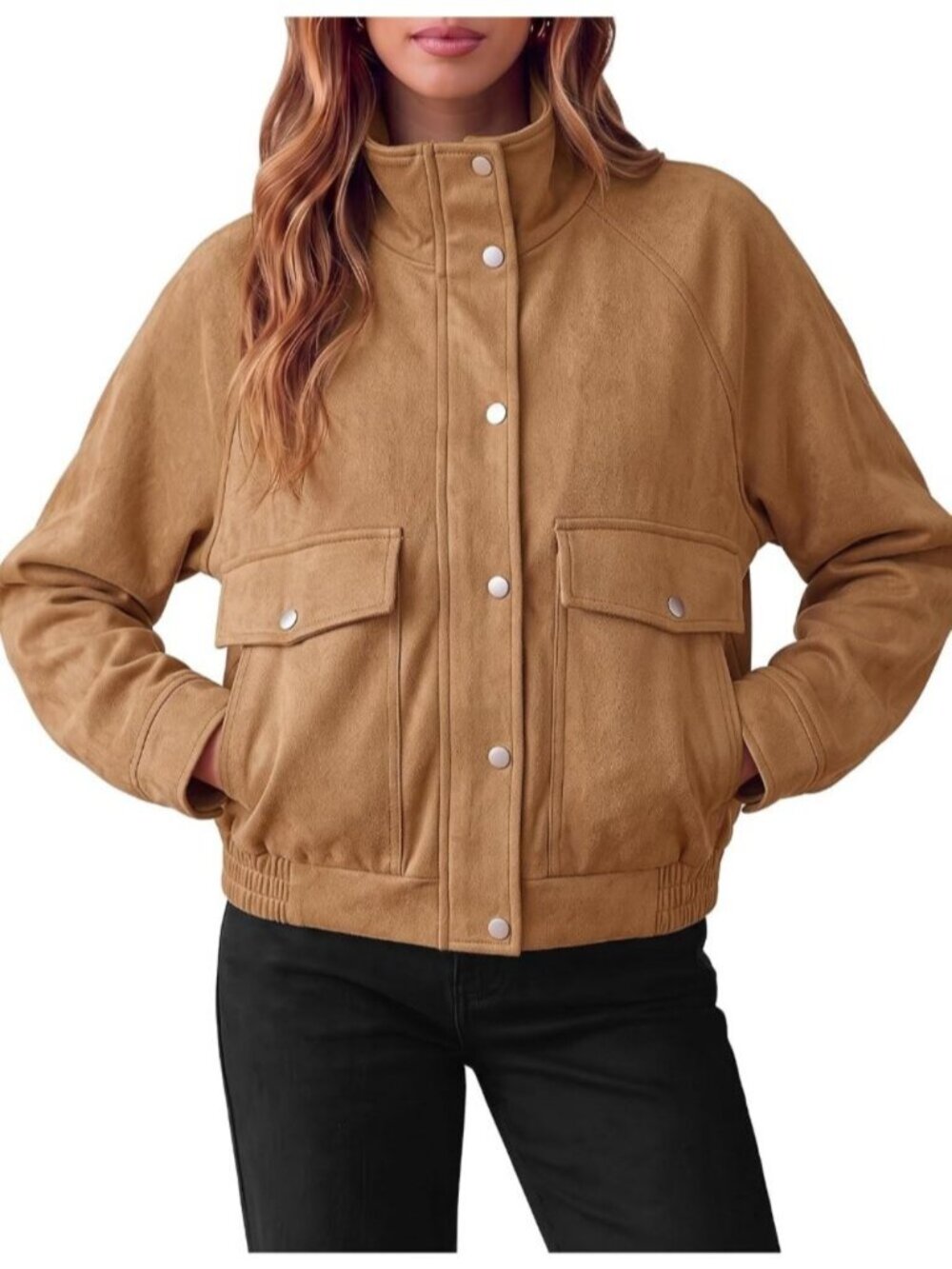 Women's Camel Faux Suede Funnel Neck ZIP Up Utility Cargo Pockets Bomber Jacket